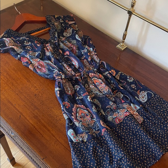 Navy Print Dress with Feminine Ruffle - Picture 1 of 6